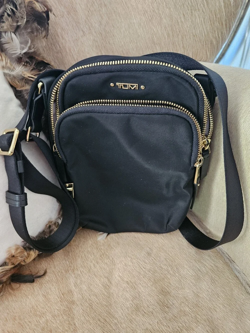Tumi Black Nylon Belt/Crossbody with Gold Hardware new without tags